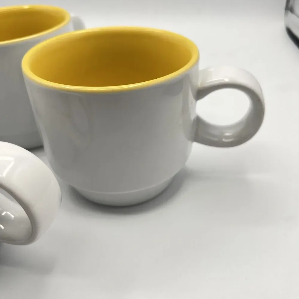 Crate and Barrel Stackable Cups Mugs White with 1 Green and 3 Yellow inside